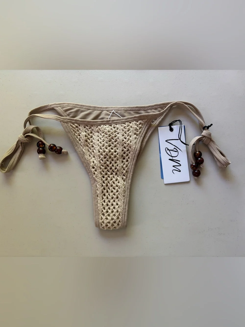 VDM The Label Reversible  Beige Crochet Triangle Bikini Set, Size XS